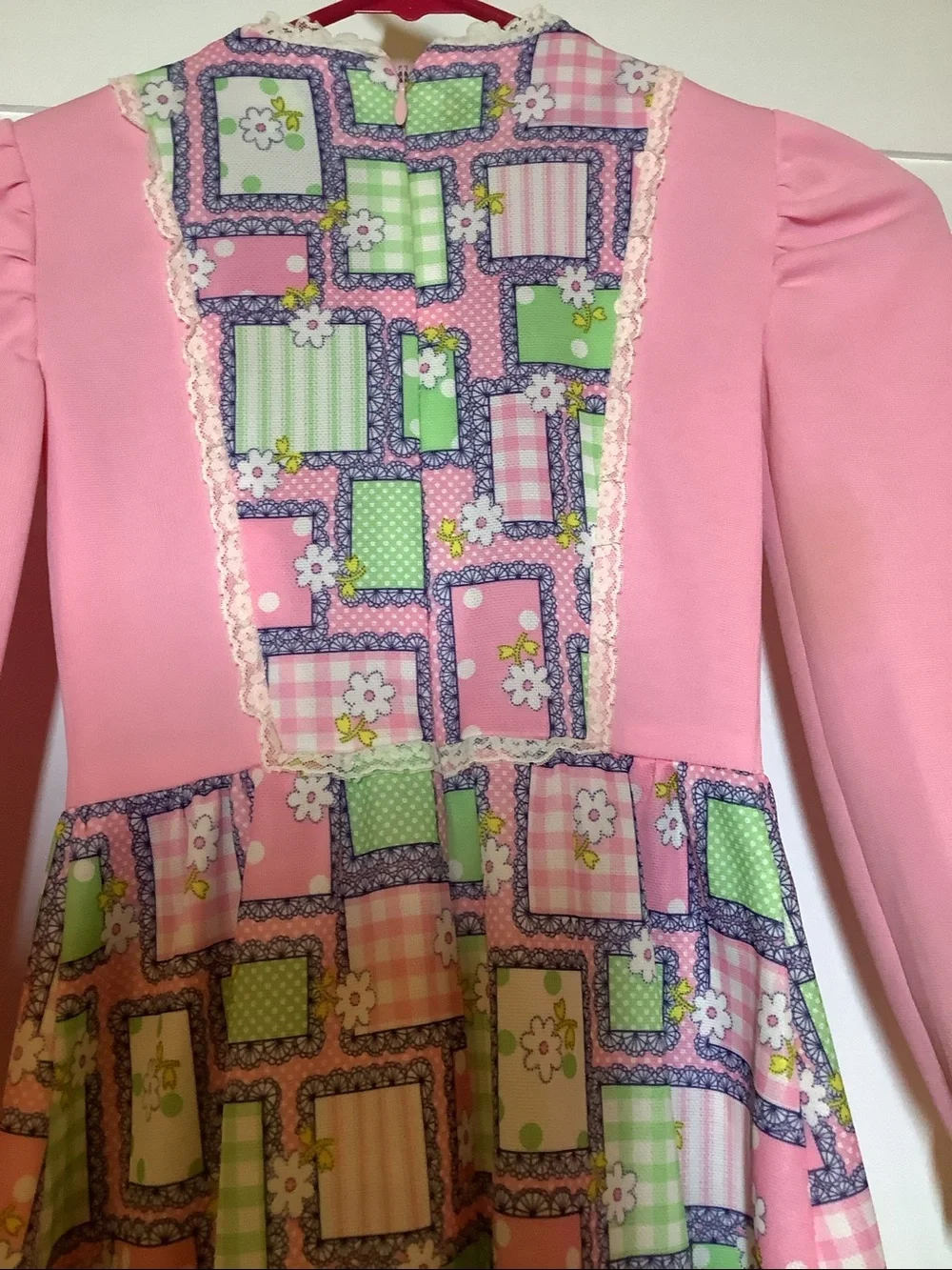 70’s VTG Prairie Girl Dress Brady Bunch Party Inverted Lace Trim Bib